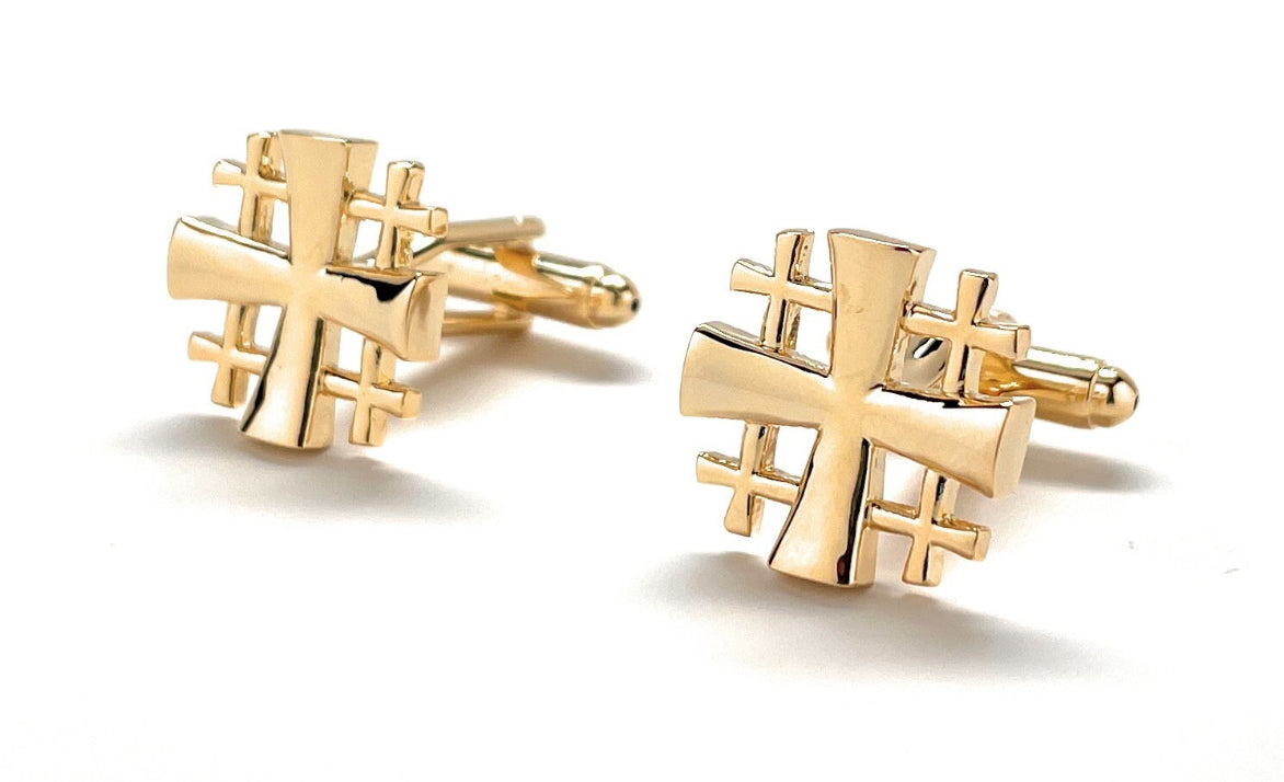 Jerusalem Cross Cufflinks Crusaders Shield Cut Out Design Gold Tone 3D Five-Fold Cross Cuff Links