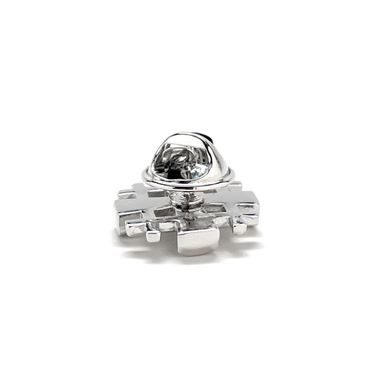A silver-tone Jerusalem Cross lapel pin with a 3D butterfly back, showing an enamel pin with a reflective silver finish.