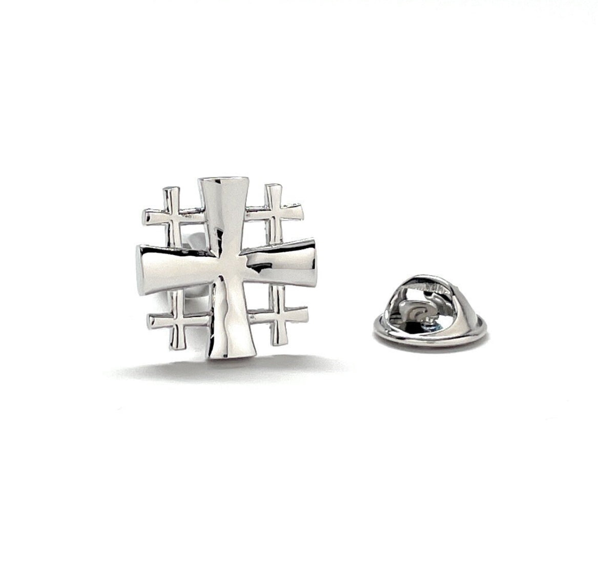 A silver-tone Jerusalem Cross lapel pin with a 3D butterfly back, showing an enamel pin with a reflective silver finish.