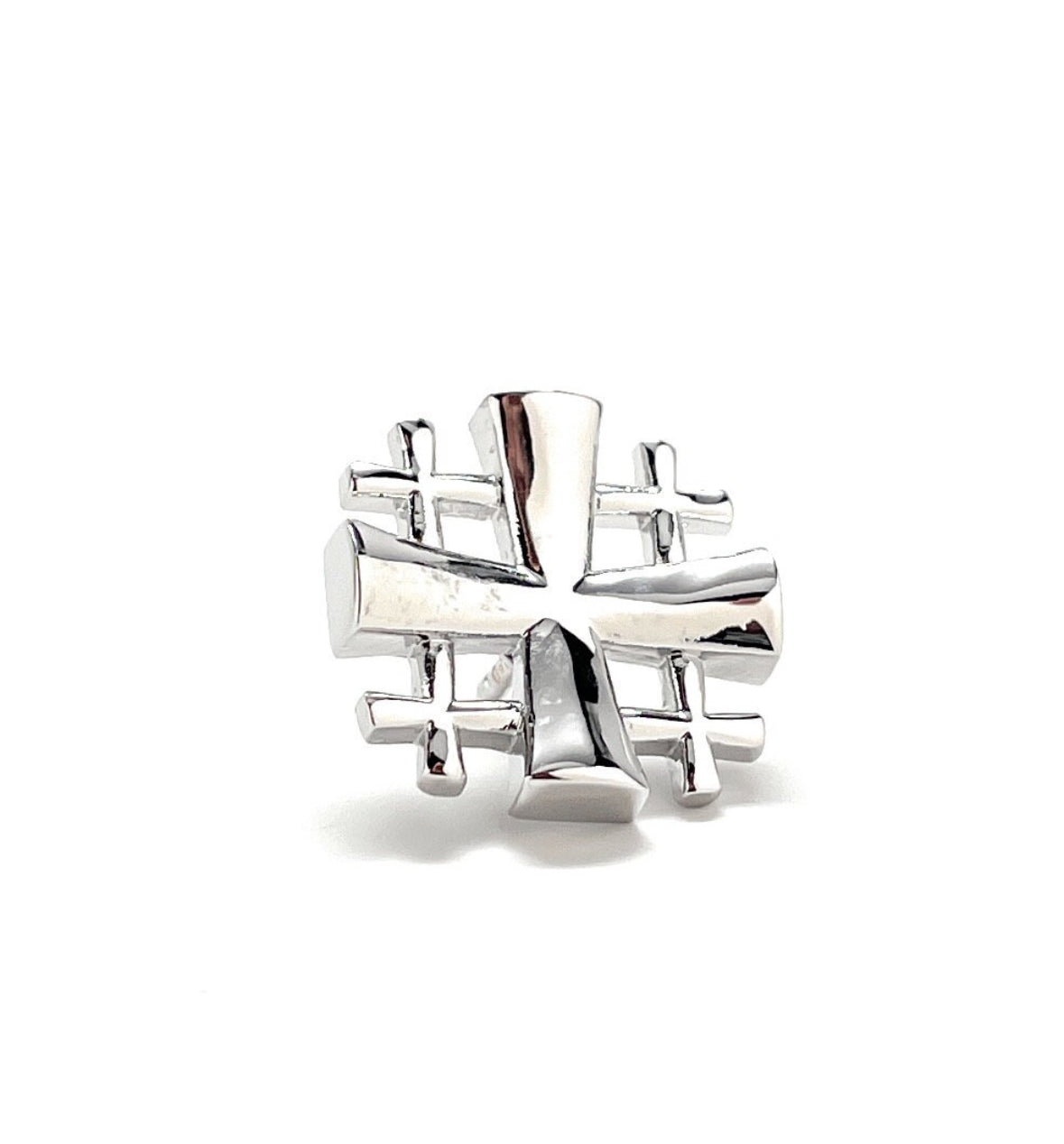 A silver-tone Jerusalem Cross lapel pin with a 3D butterfly back, showing an enamel pin with a reflective silver finish.