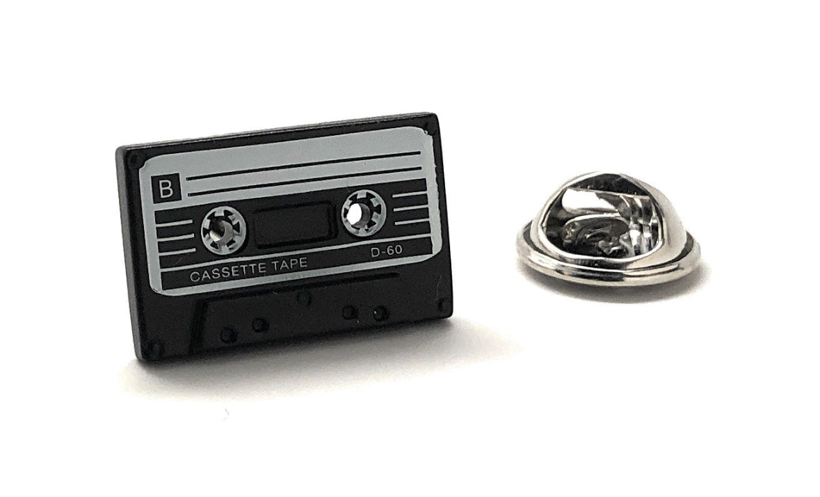 Cassette tape-shaped lapel pin on a white background