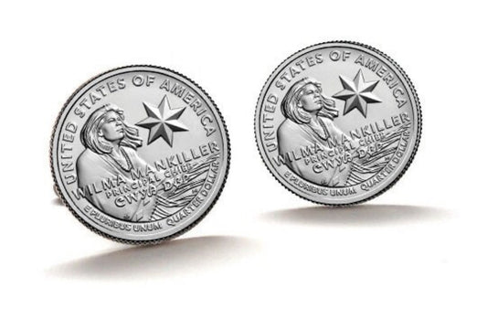 A pair of silver cufflinks featuring an image of the U.S. quarter coin with a star, and an inscription of 'Wilma Mankiller'.