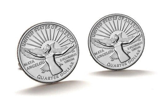 A set of two silver-colored cufflinks featuring an engraved design of the Maya Angelou Quarter coin with a wingspan motif.