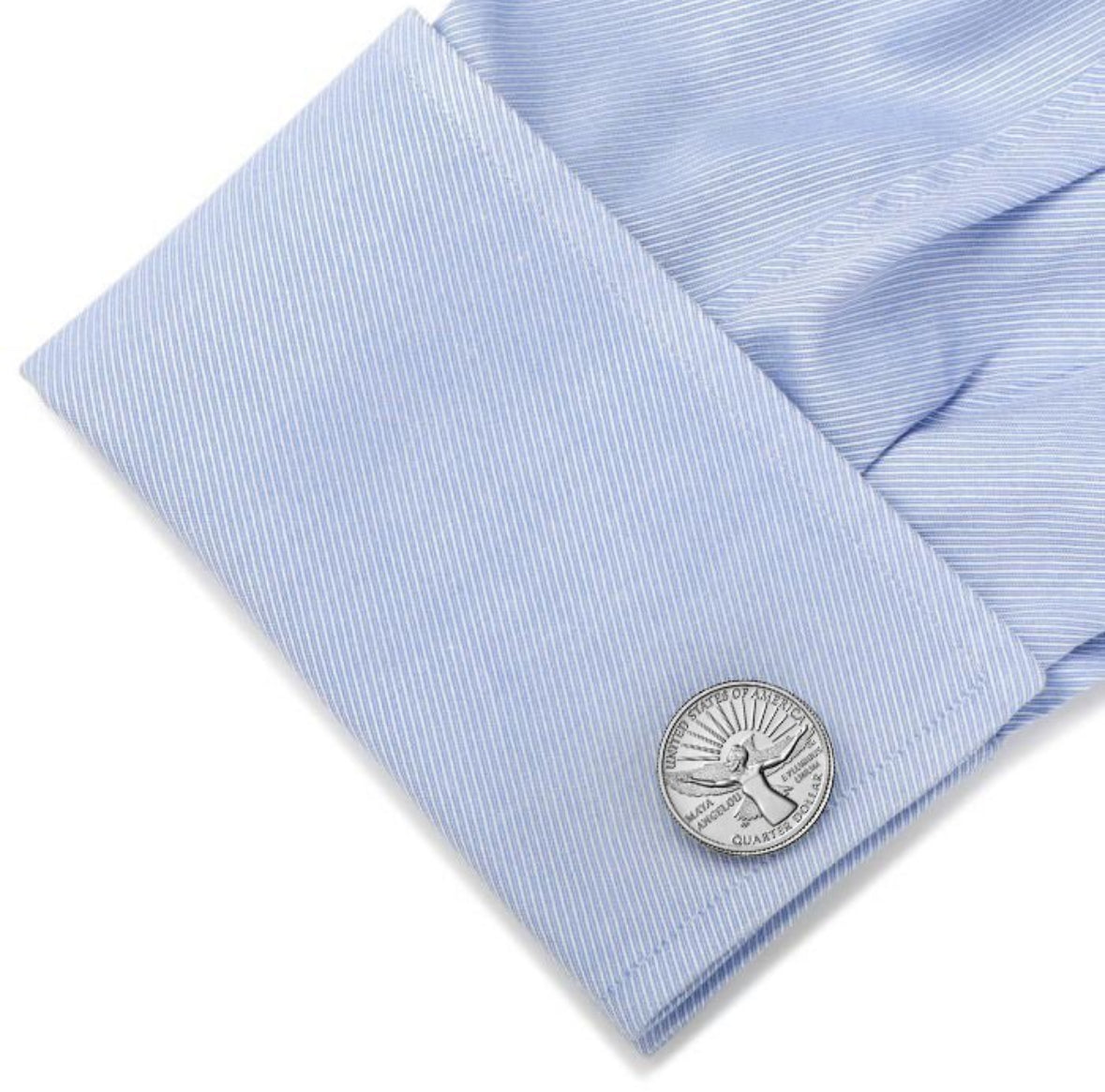 light blue shirt A set of two silver-colored cufflinks featuring an engraved design of the Maya Angelou Quarter coin with a wingspan motif.