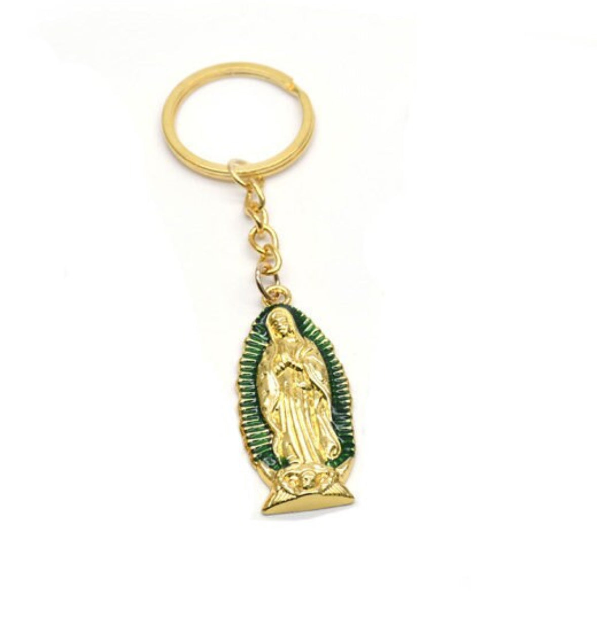 Our Lady of Guadalupe Keychain Religious Gold Tone Green Enamel Key Ring Catholic Jewelry Christian Jewelry Key Ring Blessed Mother Virgin