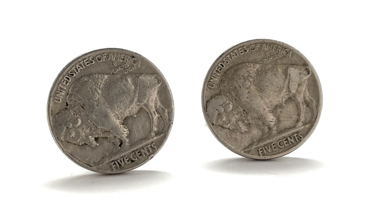 A set of three Buffalo nickels, also known as Indian Head nickels, with an embossed design of a bison on the front. These are silver-colored coins with the text 'United States of America' and 'Five Cents' visible.