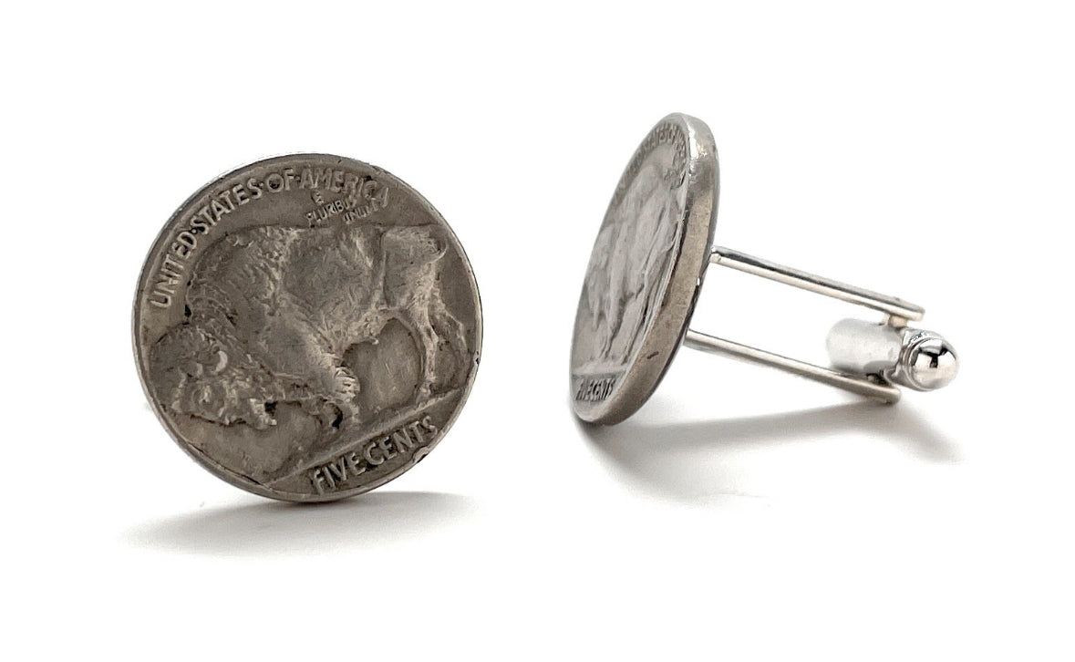 A set of three Buffalo nickels, also known as Indian Head nickels, with an embossed design of a bison on the front. These are silver-colored coins with the text 'United States of America' and 'Five Cents' visible.