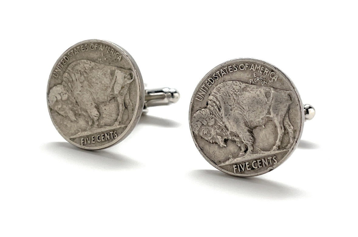 A set of three Buffalo nickels, also known as Indian Head nickels, with an embossed design of a bison on the front. These are silver-colored coins with the text 'United States of America' and 'Five Cents' visible.