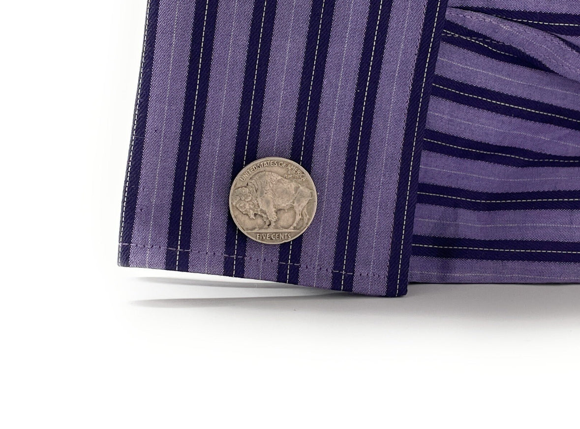 shirt cufflinks A set of three Buffalo nickels, also known as Indian Head nickels, with an embossed design of a bison on the front. These are silver-colored coins with the text 'United States of America' and 'Five Cents' visible.