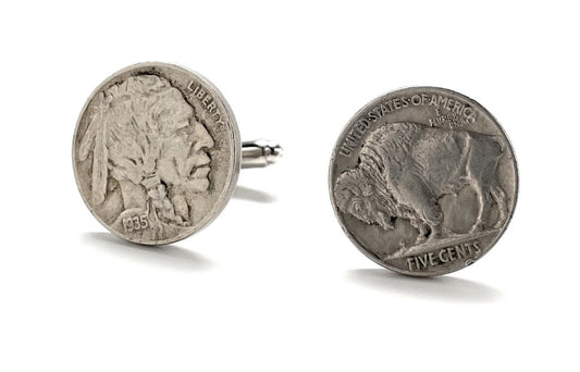 A pair of silver-colored Buffalo nickel cufflinks featuring an Indian head and a bison on a round, coin-like surface with a visible date below the image.