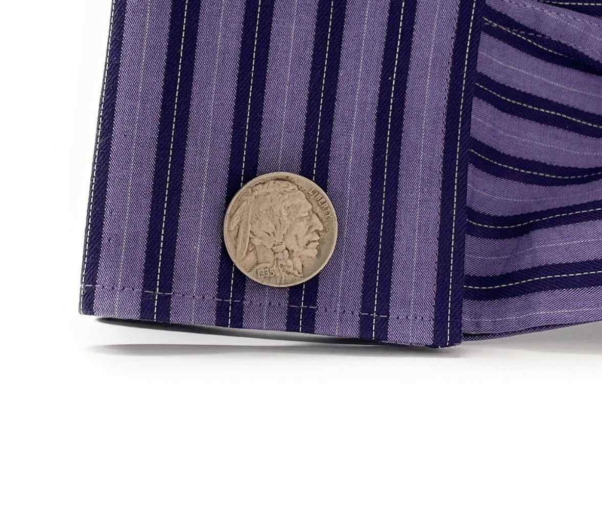 shirt A pair of silver-colored Buffalo nickel cufflinks featuring an Indian head and a bison on a round, coin-like surface with a visible date below the image.