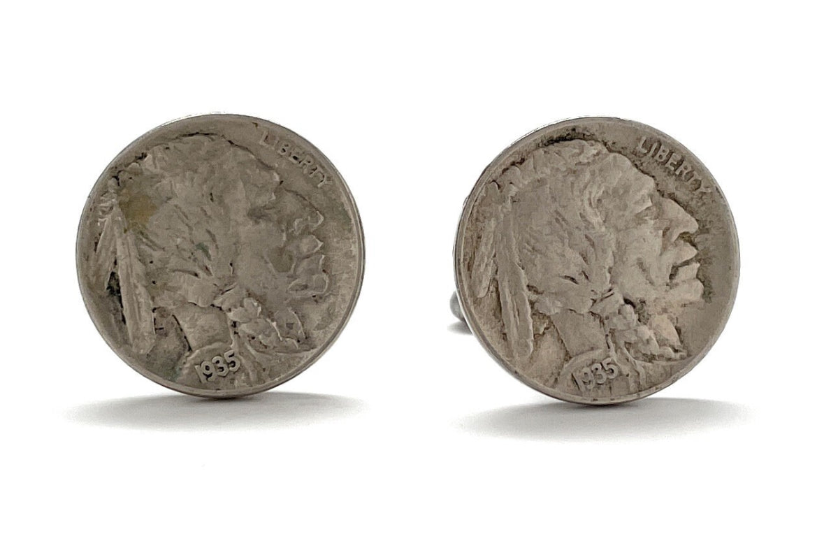 A pair of silver Indian Head nickel cufflinks with a rhodium plating and a bullet backing.