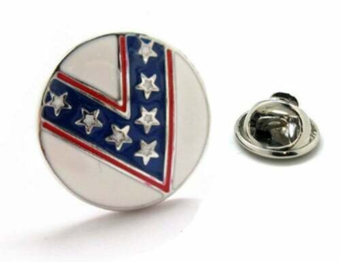 A round enamel pin with a silver rhodium plated backing, featuring a design with stars and stripes, and the text 'KING OF THE DAREDEVILS'.