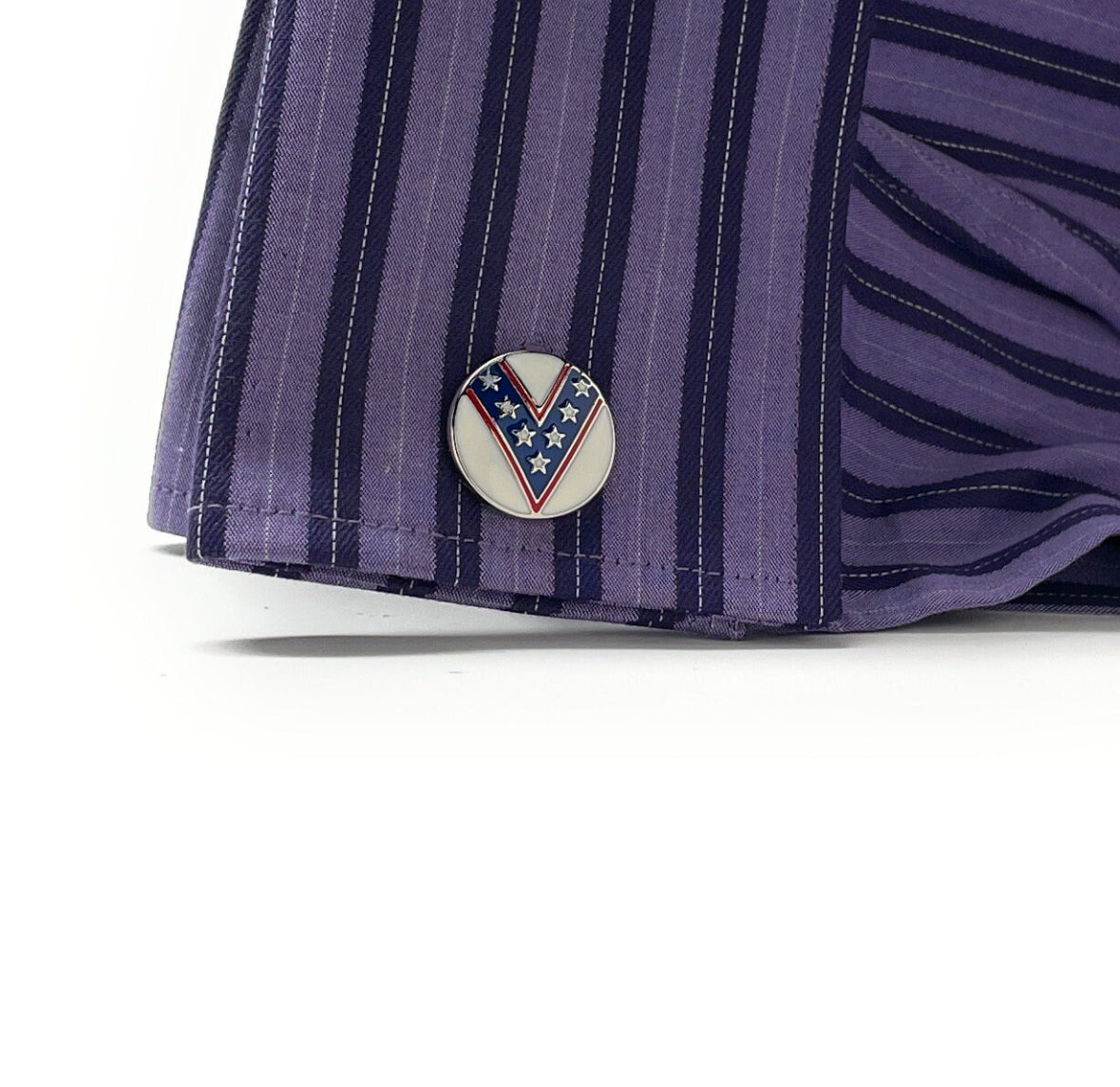 cufflinks on purple shirt Evel Knievel Cufflinks – Patriotic Stars Design | 1970s Daredevil Super Jumps Collector Cuff Links