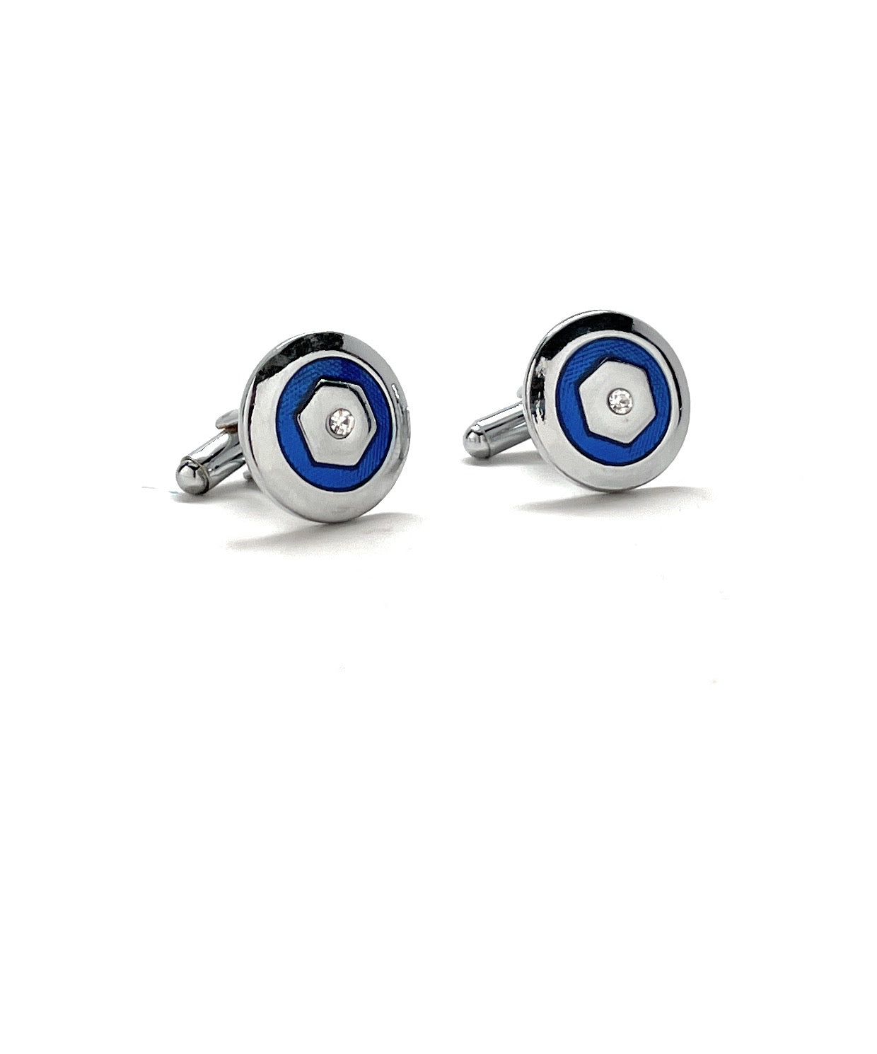 Pair of silver cufflinks with blue circular design on a white background