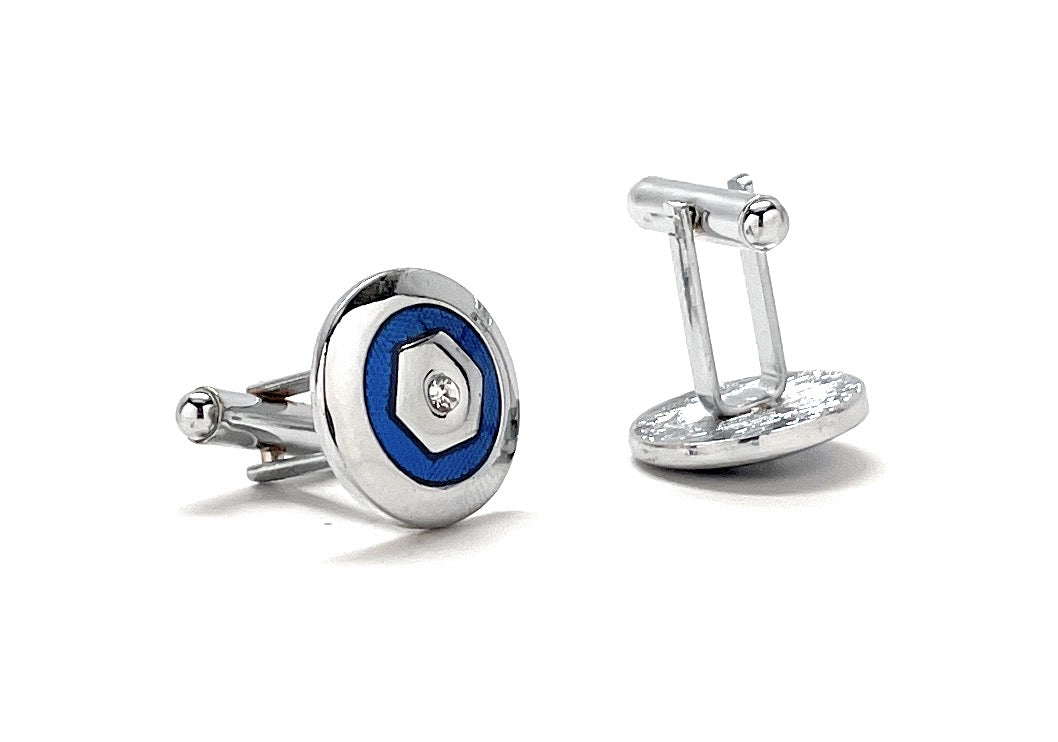 Silver cufflinks with blue circular design on a white background