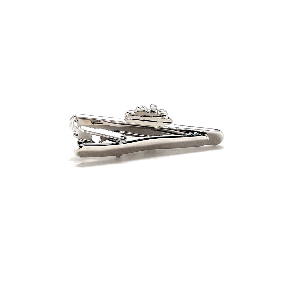 Silver tie clip on a white background