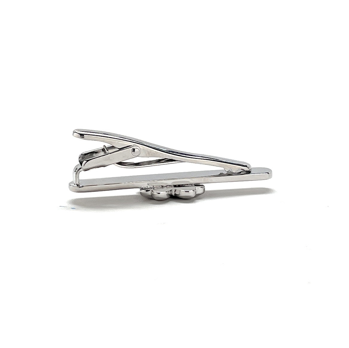 Silver tie clip on a white background