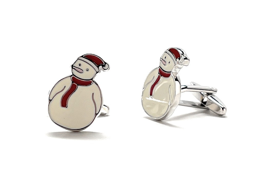 Snowman-themed cufflinks with red scarves and hats on a white background