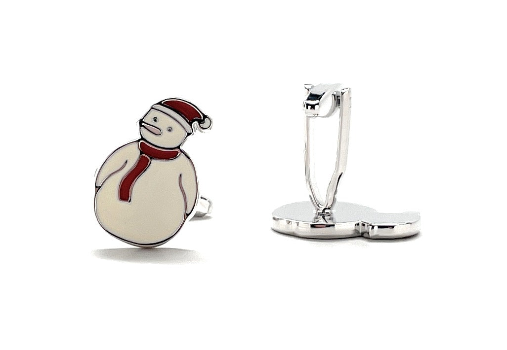 Snowman-shaped earring with red scarf and Santa hat on a white background