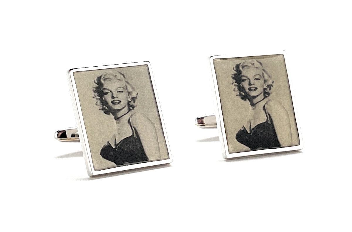 Cufflinks with a vintage-style portrait of a woman on a beige background
