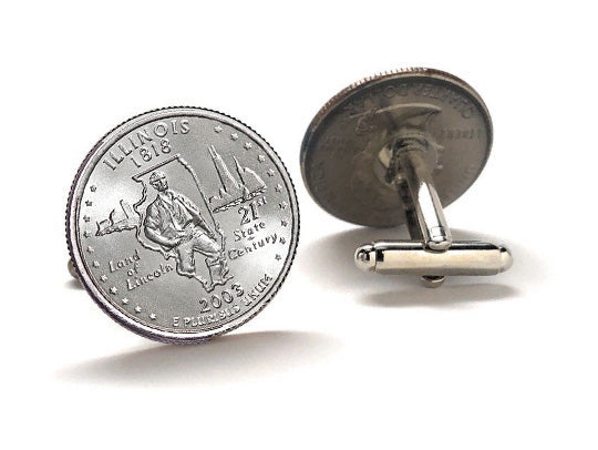 Illinois State Quarter Coin Cufflinks Uncirculated U.S. Quarter 2003 Cuff Link Enamel Backing Cufflinks