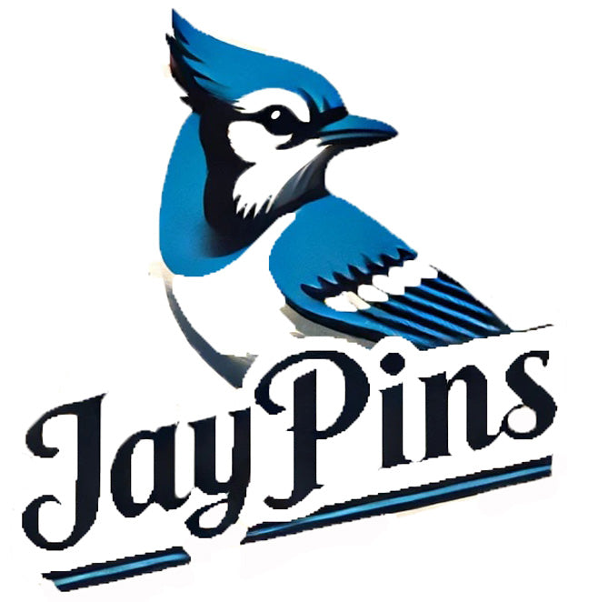 Jay Pins logo featuring a stylized blue jay bird above the company name in elegant cursive text. Shop for unique pins and accessories at jaypins.com.