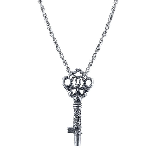 Women's Necklace Silver Jewelry Antiqued Key Whistle Pendant Necklace 30"