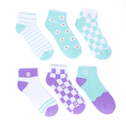 Women's Low Cut Socks Six Pairs Flower Embroidered Design Mom Gift Assorted Green Purple White Design 6 Pre Pack Ribbed Socks Ladies Socks