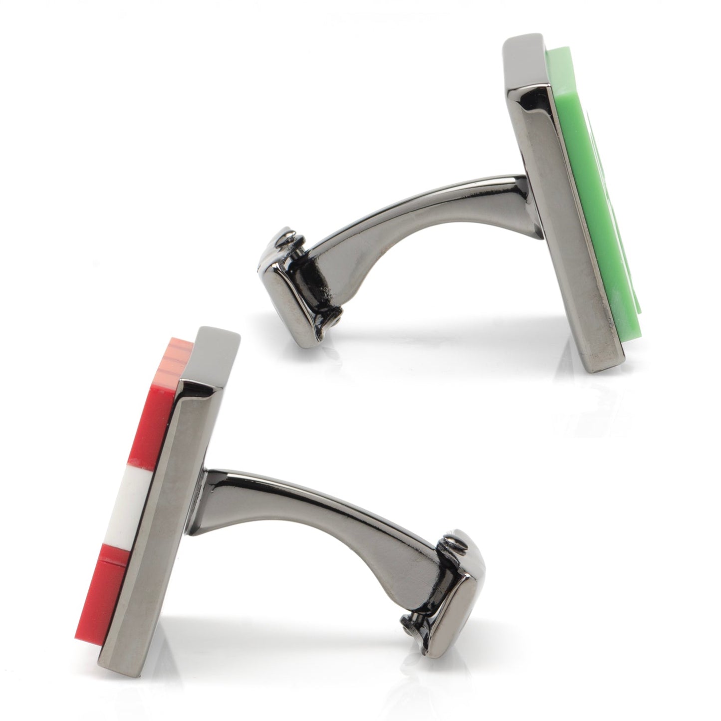 Cufflinks with red, white, and green design on a white background