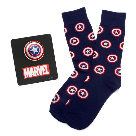Captain America navy gift set with socks and enamel lapel pin – Marvel men’s accessory