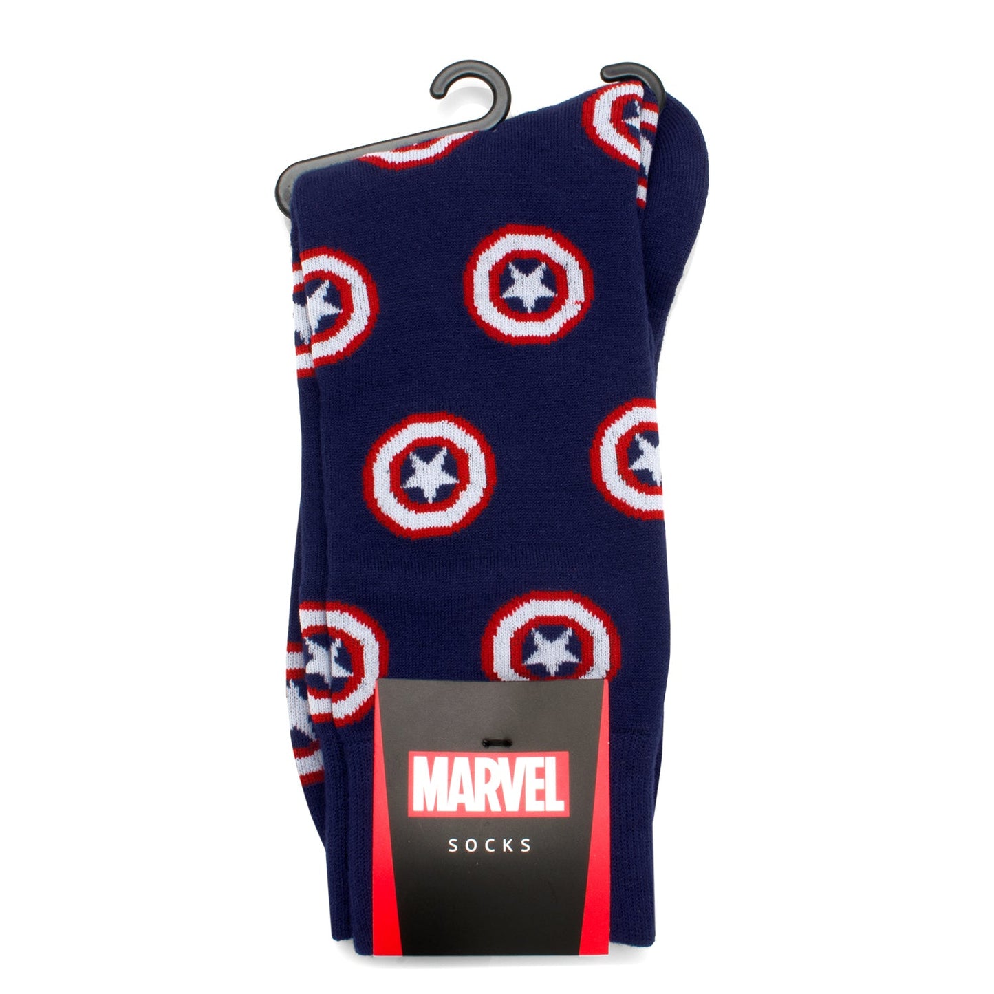 Marvel socks with Captain America logo on a hanger against a white background