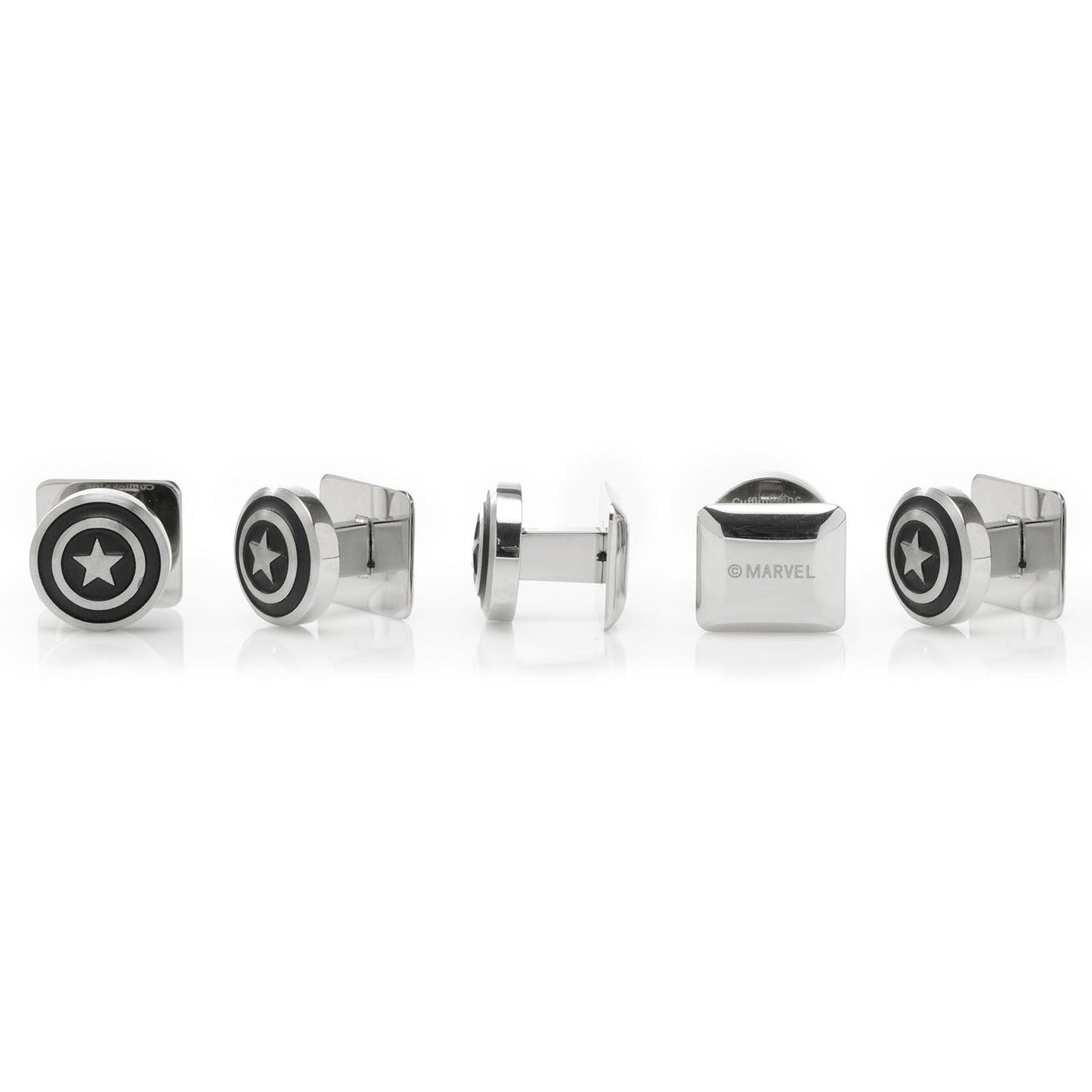 Set of silver Captain America-themed cufflinks on a white background