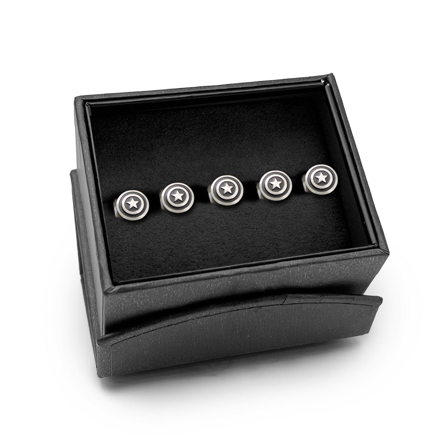 Set of five silver star-shaped cufflinks in a black box on a white background