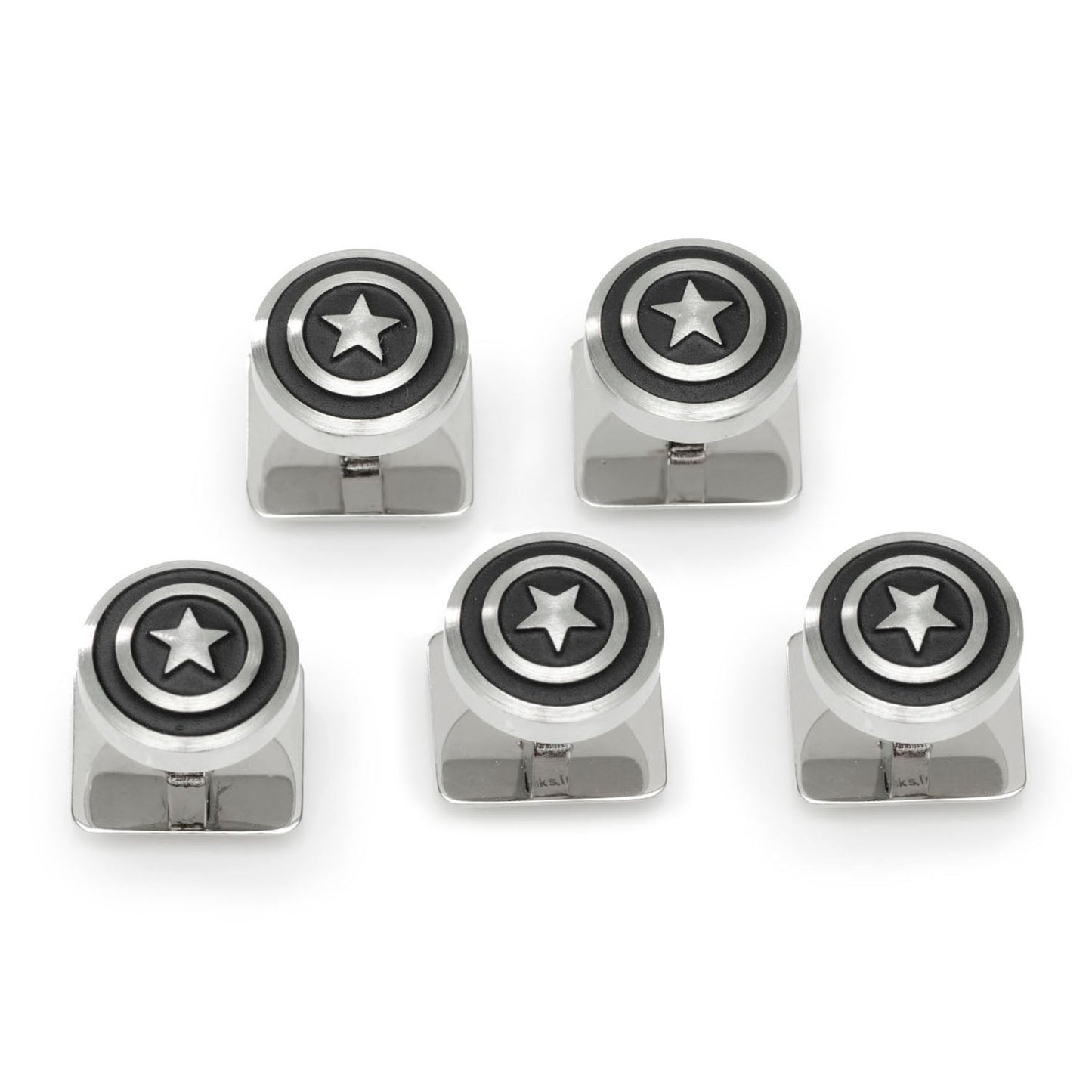 Five metal valve stem caps with star design on a white background