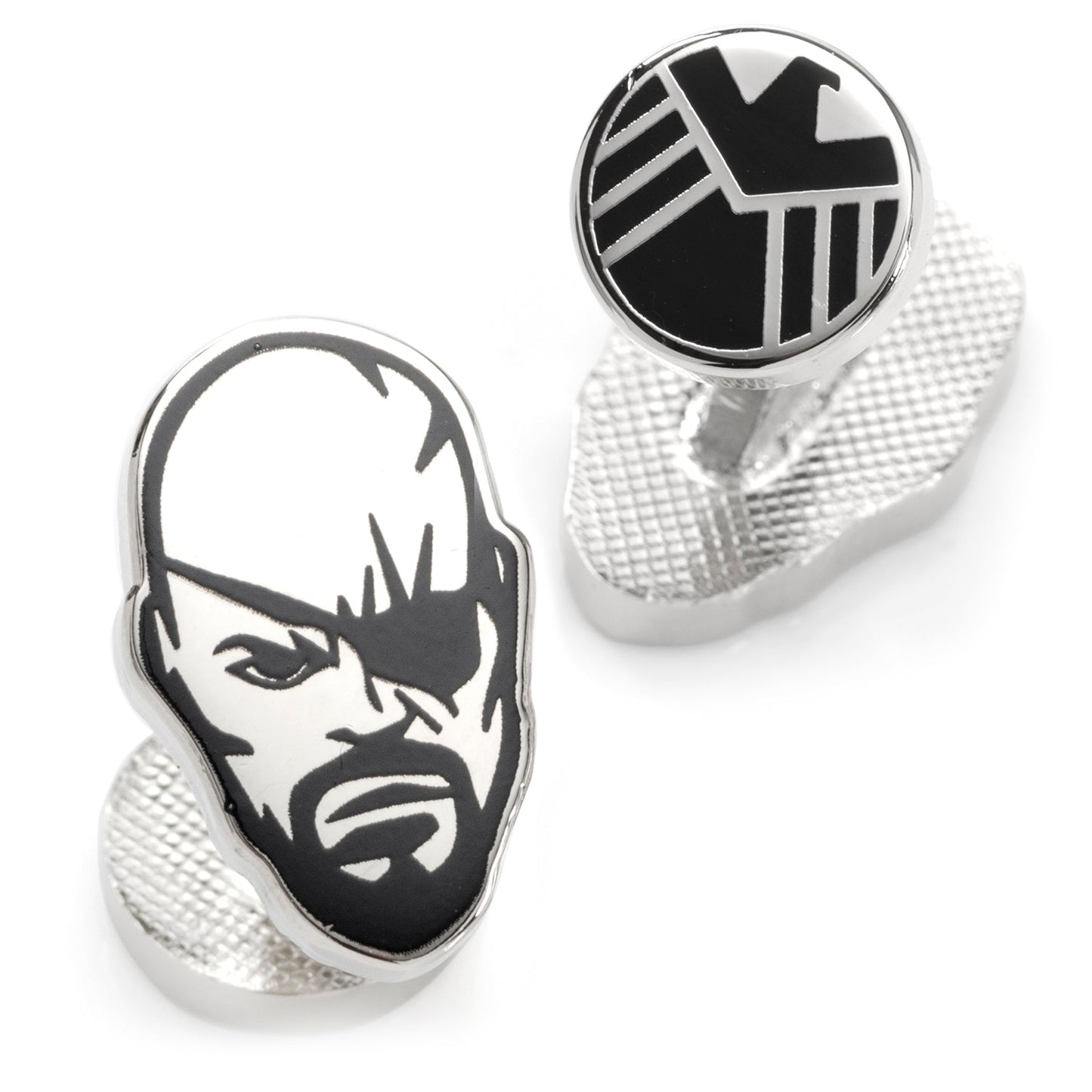 Cufflinks with a face design and geometric pattern on a white background