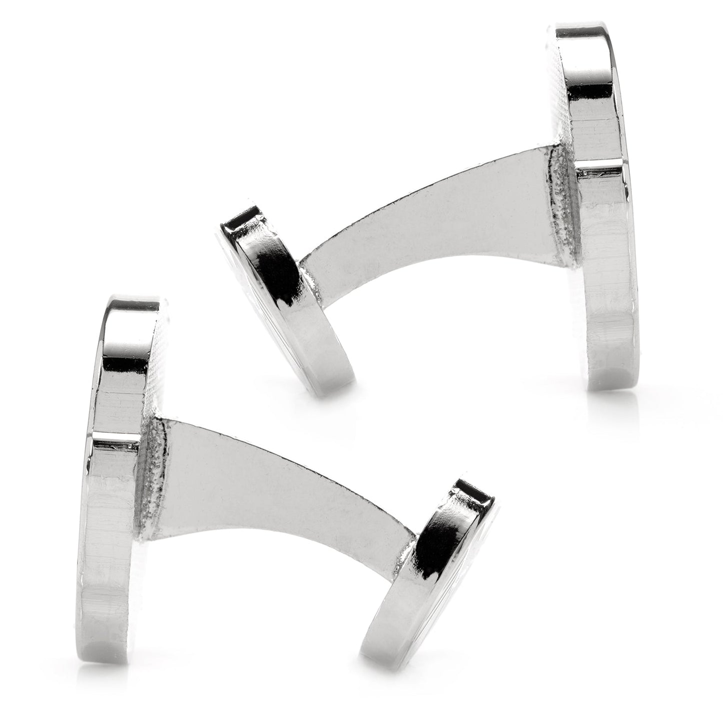 Pair of silver cufflinks on a white background