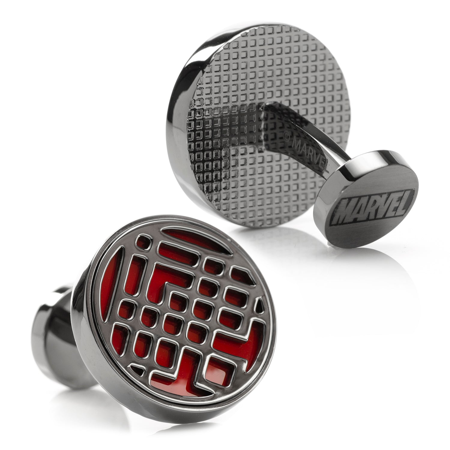 Marvel branded cufflinks with red and silver design on a white background Marvel Shang-Chi Ten Rings gunmetal cufflinks for men