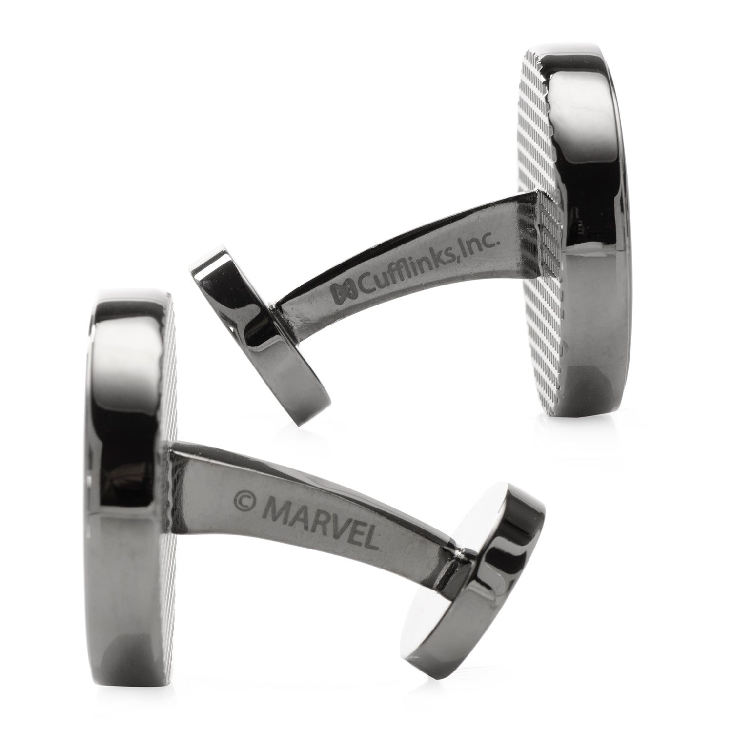 Silver cufflinks with 'Marvel' and 'Cufflinks, Inc.' branding on a white background