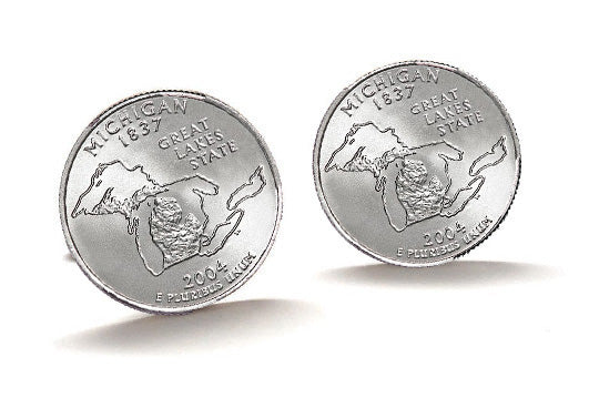Michigan State Quarter Coin Cufflinks Uncirculated U.S. Quarter 2004 Cuff Links Enamel Backing Cufflinks
