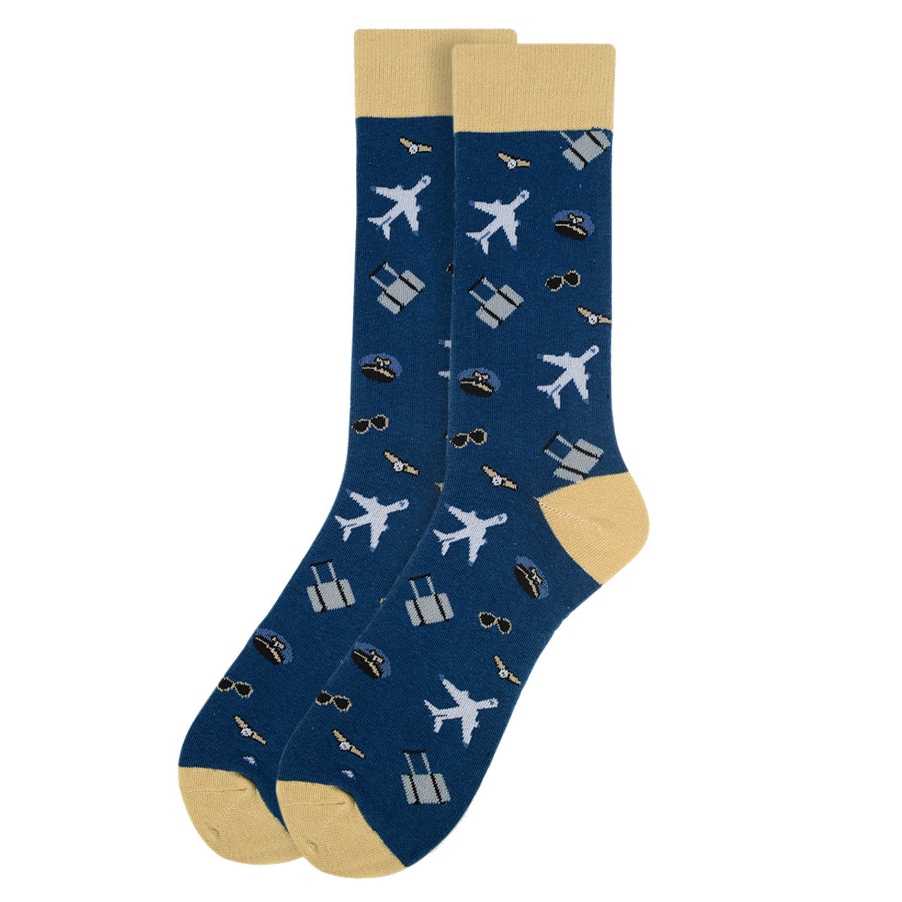 Fun Socks Men's Aviation Pilot Novelty Socks Blue Airplanes Travel Pilot Gifts