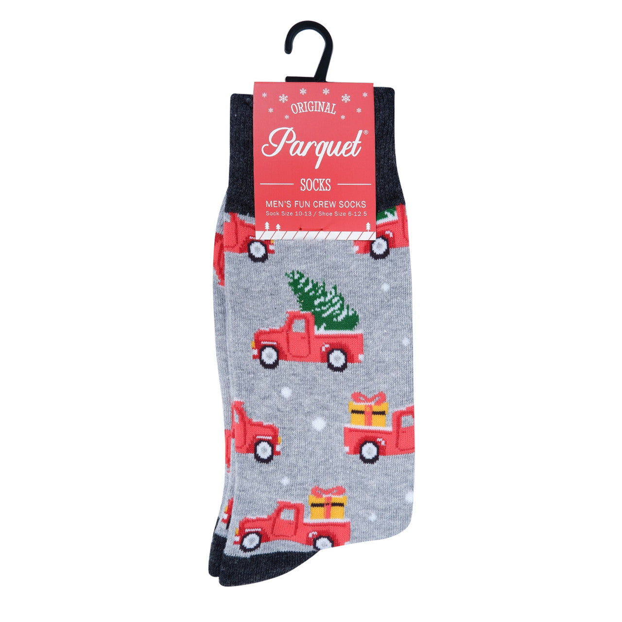 A pair of gray novelty socks with a Christmas-themed design featuring trucks and trees, intended for men's wear.
