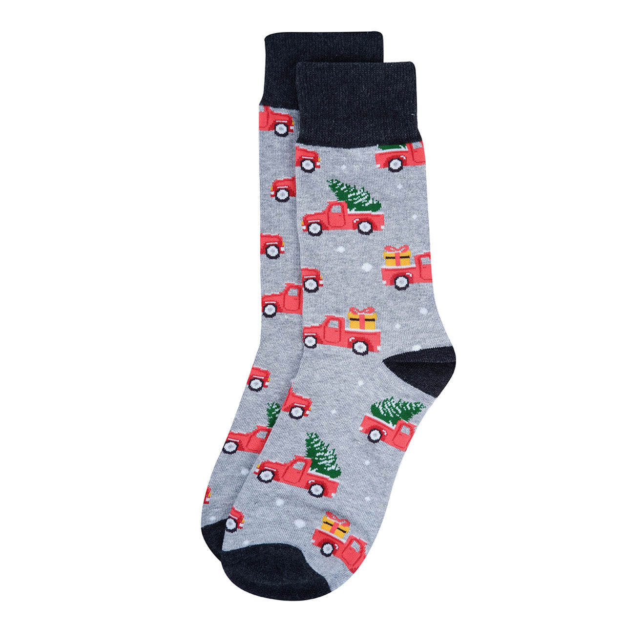 A pair of gray novelty socks with a Christmas-themed design featuring trucks and trees, intended for men's wear.