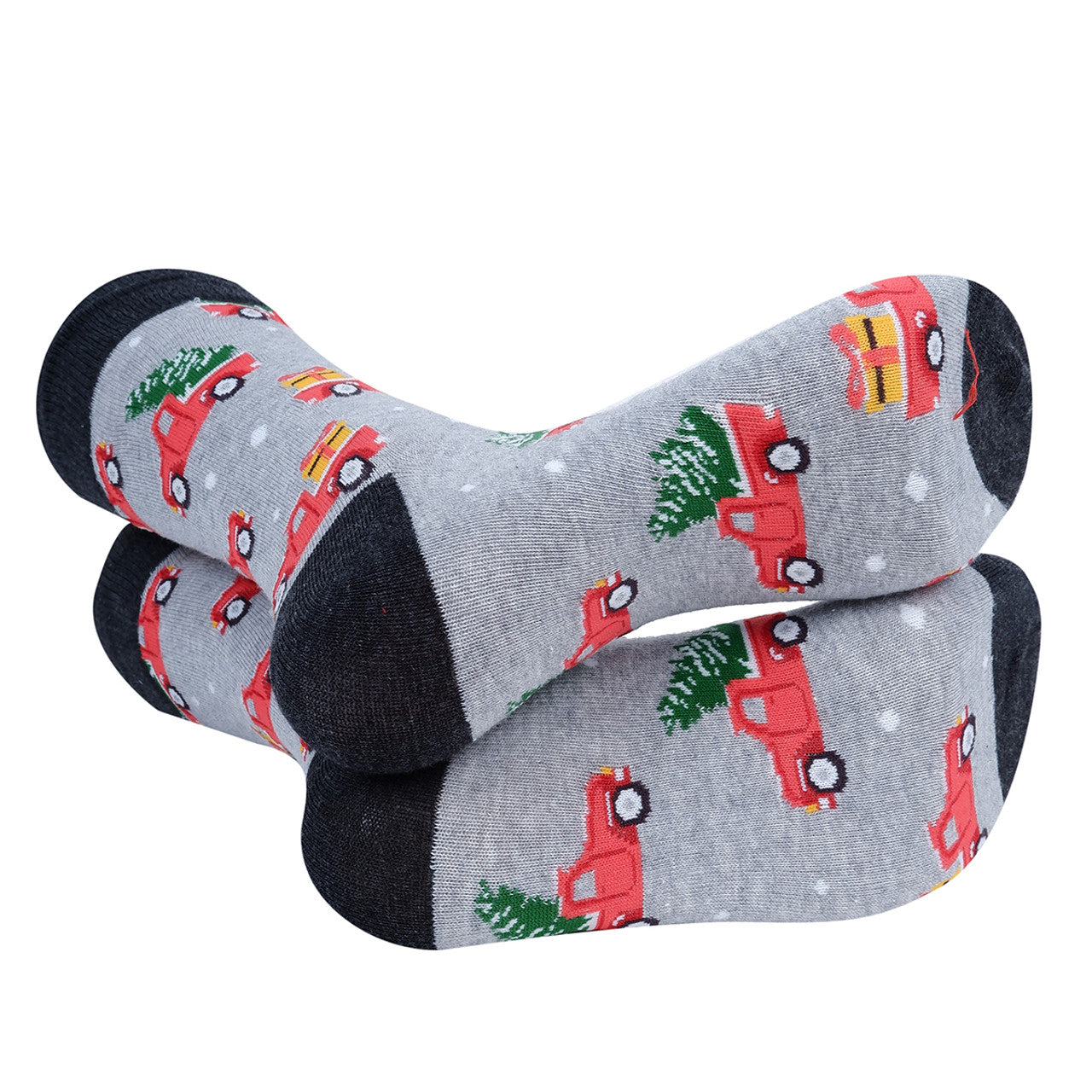 A pair of gray novelty socks with a Christmas-themed design featuring trucks and trees, intended for men's wear.