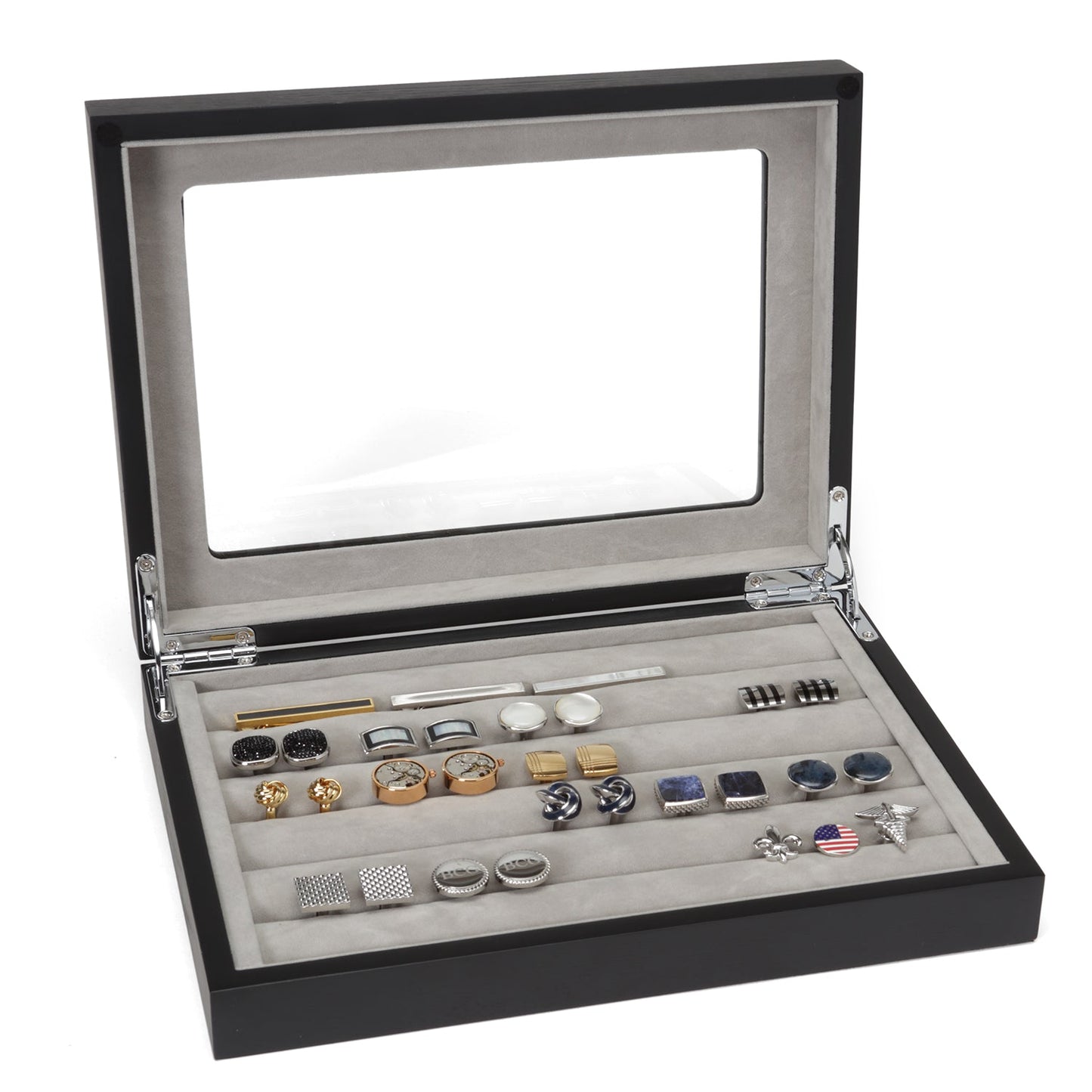 Black jewelry display case with various cufflinks and accessories on a white background Onyx Cufflinks Collector's Case - 36 pairs
