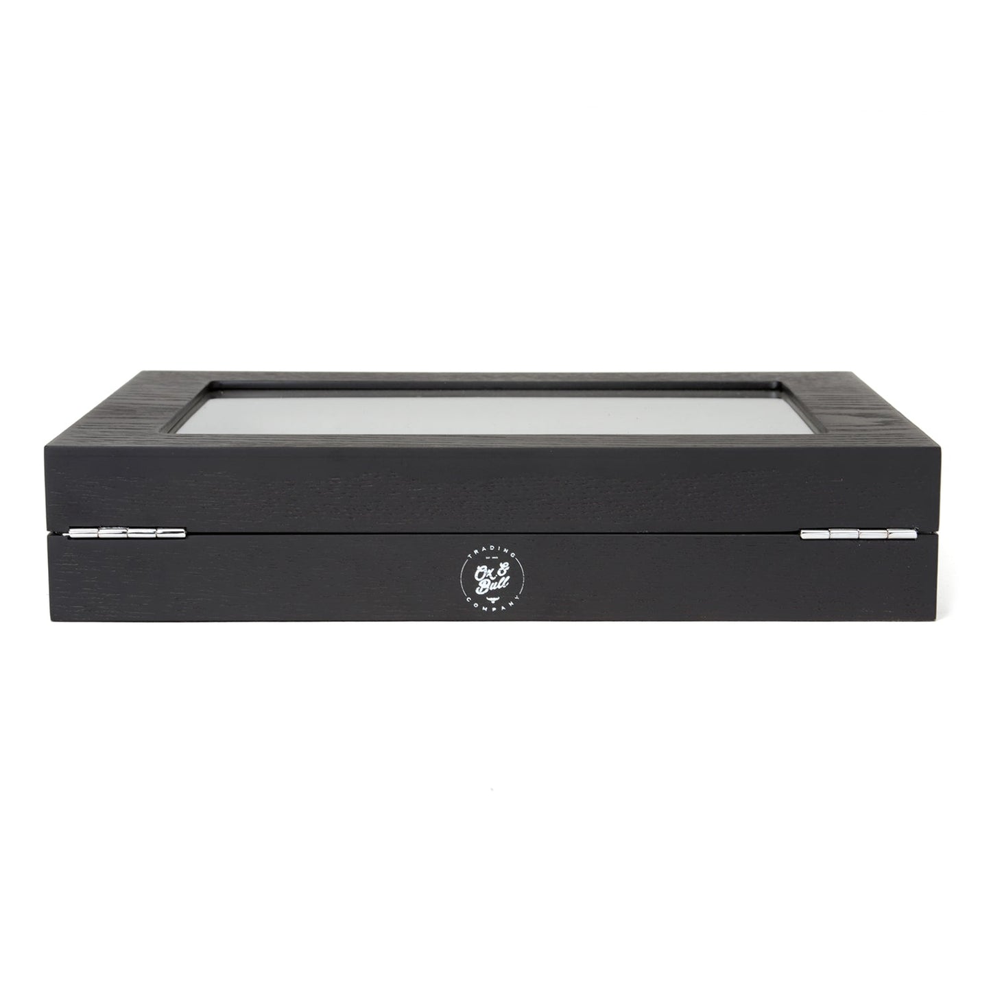 Black display case with glass top on a white background