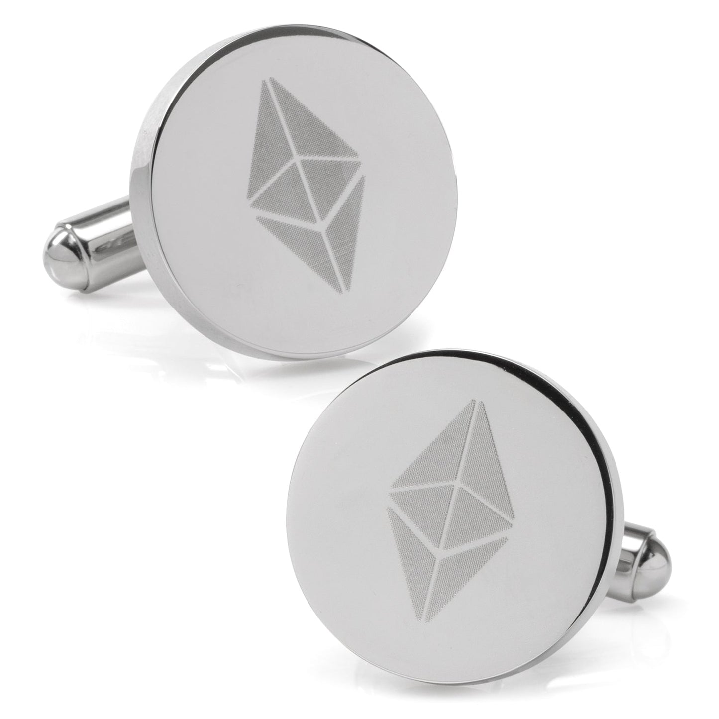 Silver cufflinks with geometric design on a white background