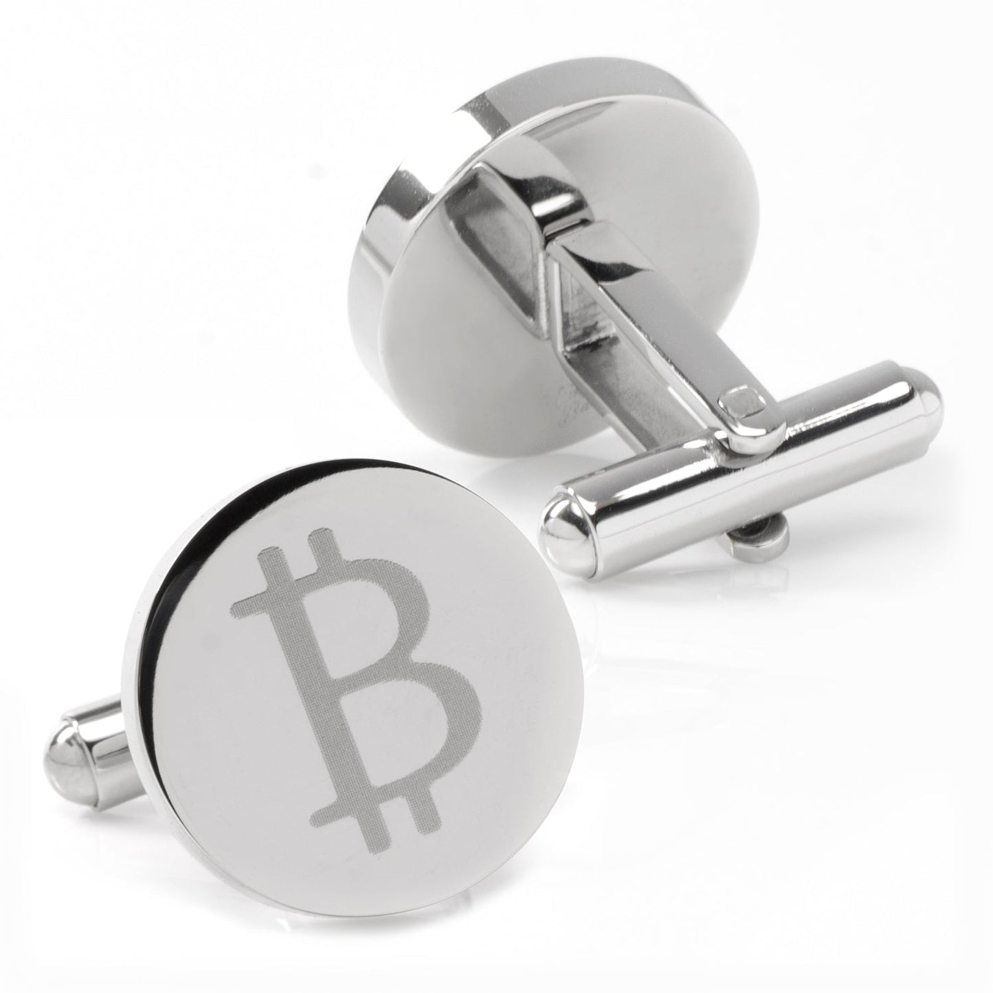 Silver cufflinks with Bitcoin symbol on a white background