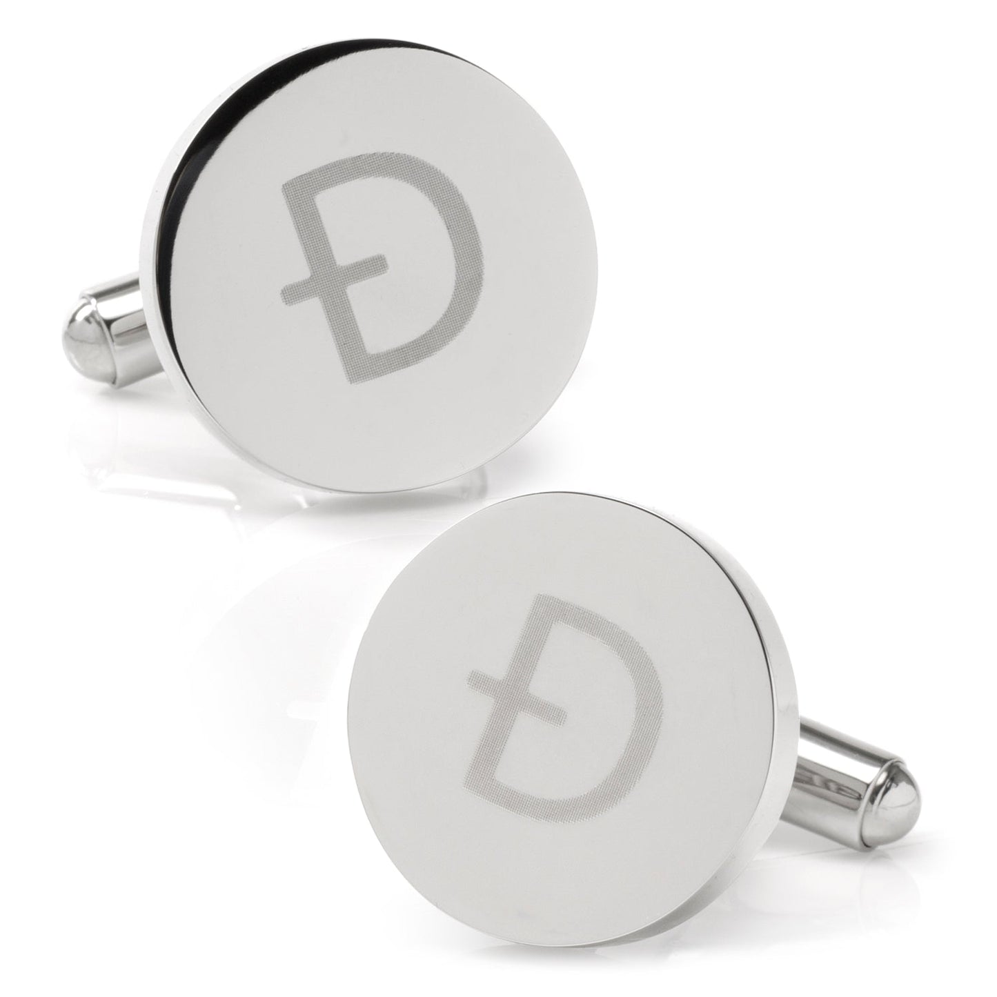 Silver cufflinks with a letter 'D' on a white background
