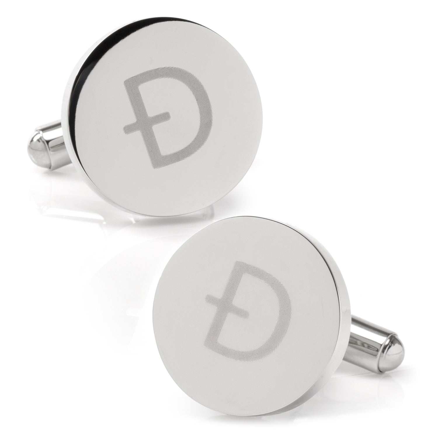 Silver cufflinks with a letter 'D' on a white background